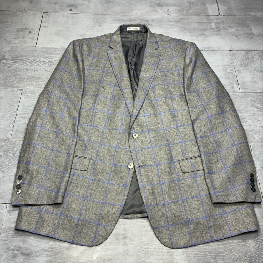 Lauren Ralph Lauren Blazer Mens 50L Grey Blue Windowpane 100% Linen Sport Coat